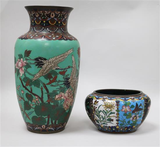 A Japanese green ground cloisonne enamel vase and a Japanese cloisonne enamel lobed bowl, 30cm and 10cm